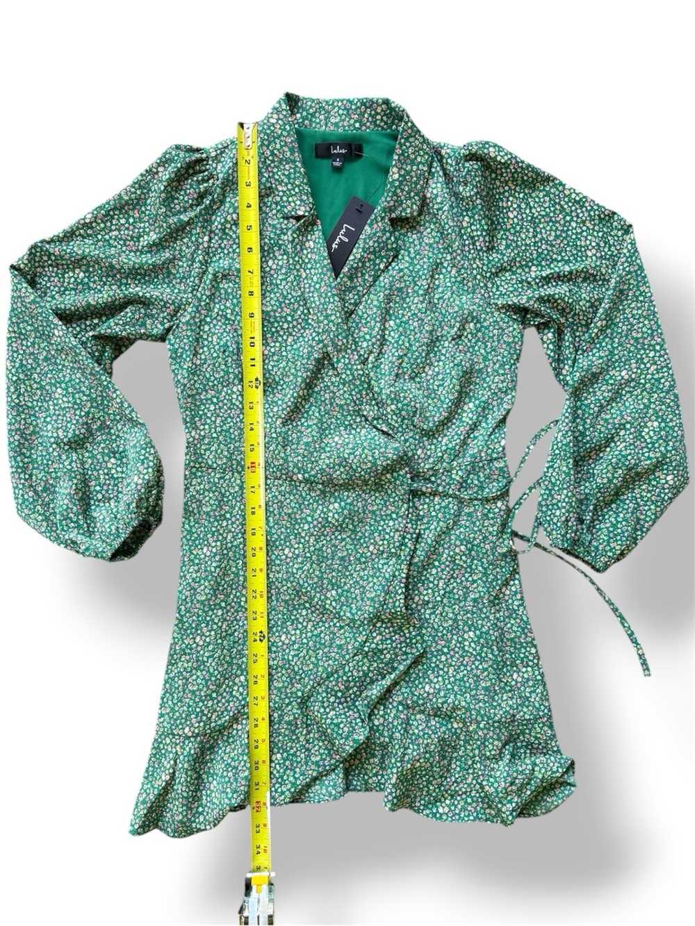 Lulus Totally Cute Time Green Floral Wrap Mini Dress NWT Small Ruffle Hem - Picture 6 of 10